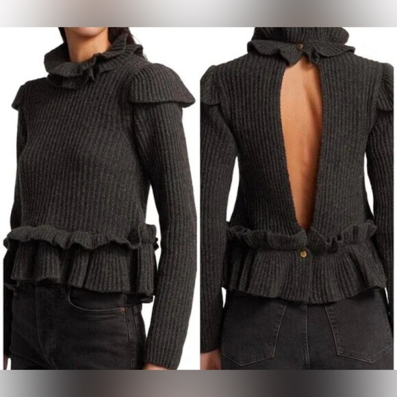 Ganni Open Back Ruffled Knit Wool Blend Sweater - Picture 1 of 3